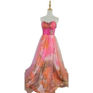 Colors Dress Abstract Hot Pink Orange Strapless Long Sheer Mesh Prom Dress 4 EUC